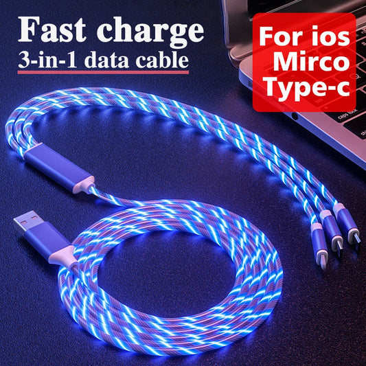 1.2M 3 IN 1 LED Glowing Phone Charger Cable Luminous USB Type C Cable For iPhone Samsung Huawei Xiaomi Phone Fast Charging Cord